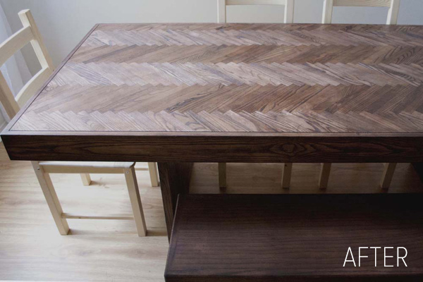 The finished product. A beautiful dining room table created from an old worn out door.