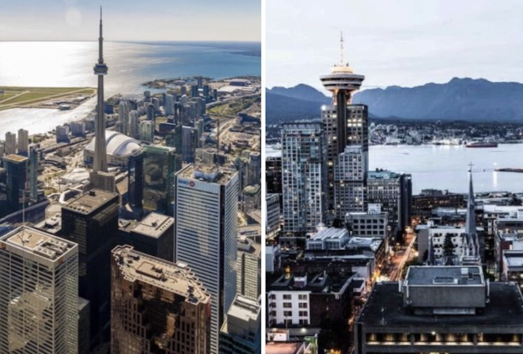 Picture of Toronto city next to picture of Vancouver city